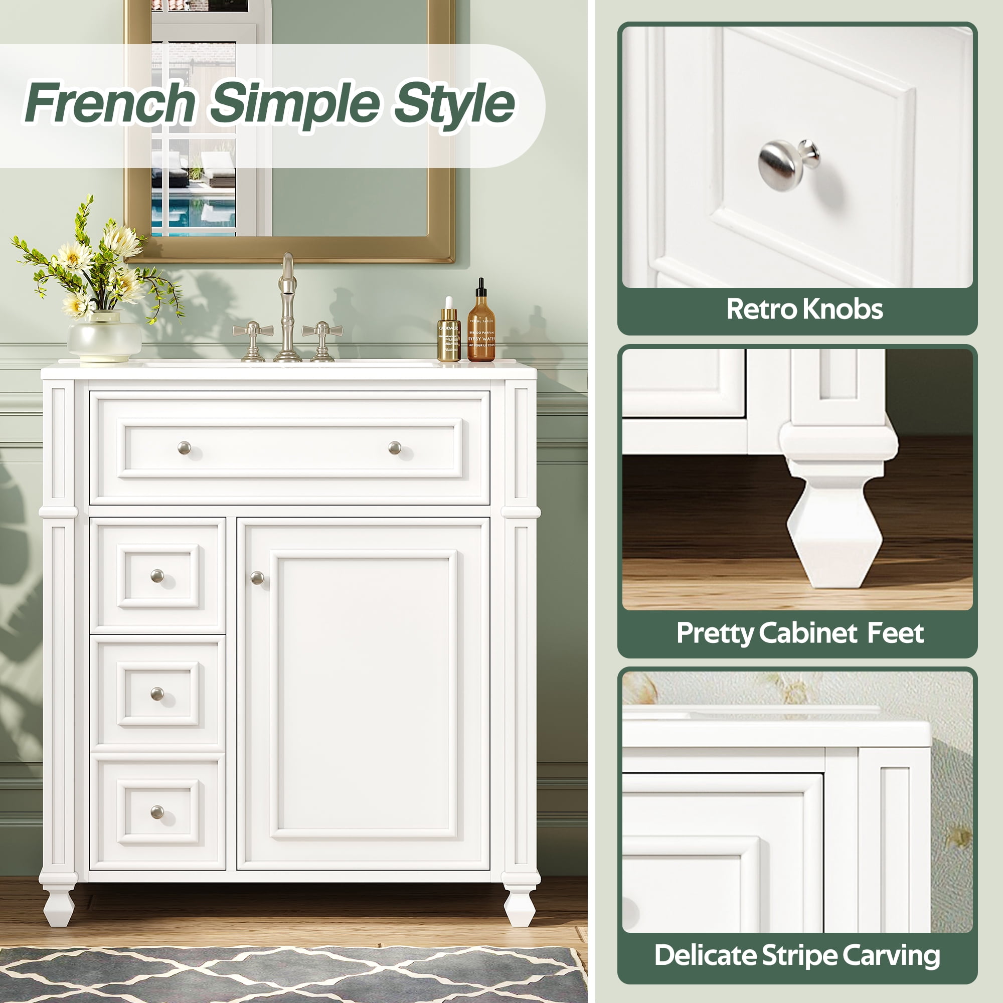 Harper & Bright Designs 30" White Bathroom Vanity with Sink, Freestanding Storage Cabinet with Soft Close Doors, Bathroom Floor Cabinet with Door Organizer