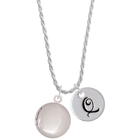 Delight Jewelry Silvertone 20mm Round Locket Silvertone Script Initial Disc - Q - Charm Necklace, 20"+3"