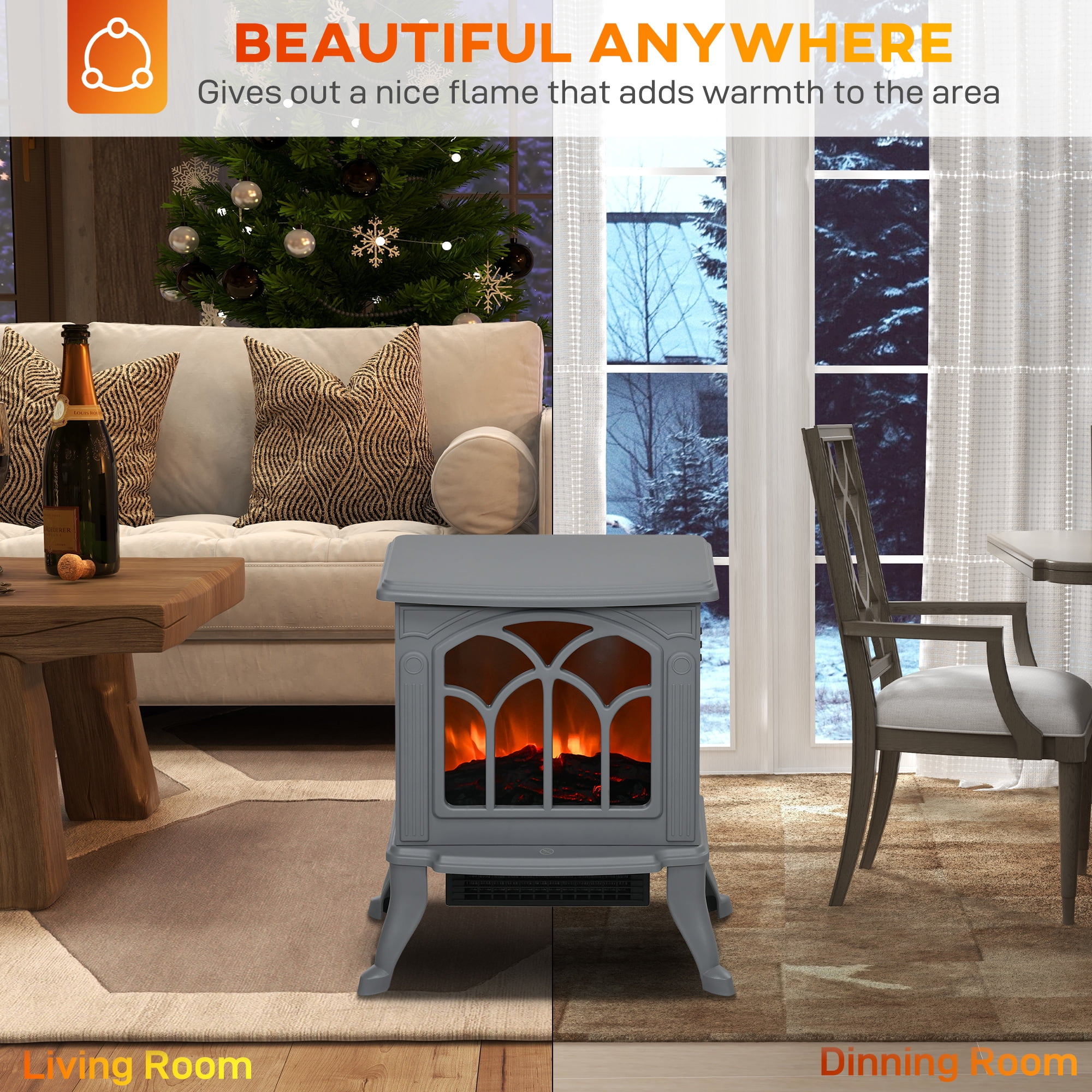 14.75" Freestanding Electric Fireplace, Gray 750W/1500W 161-215 sq.ft, Tempered Glass Overheat Protection Independent Flame Effect