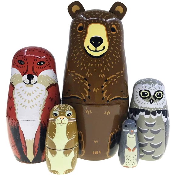 Muñecas rusas encajables de madera Kakeah, set de 5 piezas con animales