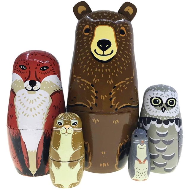 Muñecas rusas encajables de madera Kakeah, set de 5 piezas con animales