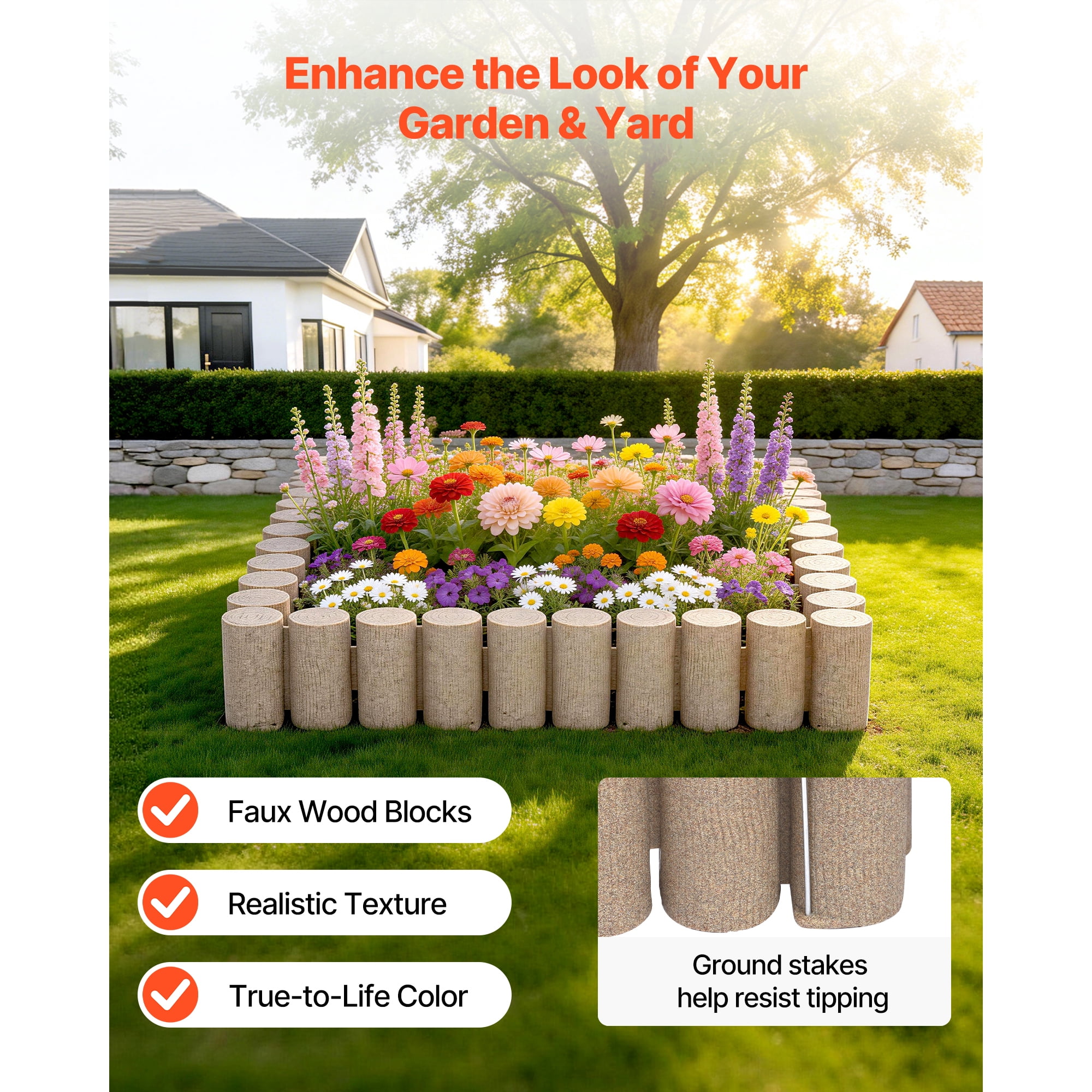 KFFKFF Faux Wood Garden Edging Kit, 13.7 ft No-Dig Border for Lawns, Flower Beds, Pathways, and Yards, 4 Sections with 10 Logs Each (41.14"L x 3.74"W x 7.48"H), Includes 32 Spikes, Beige