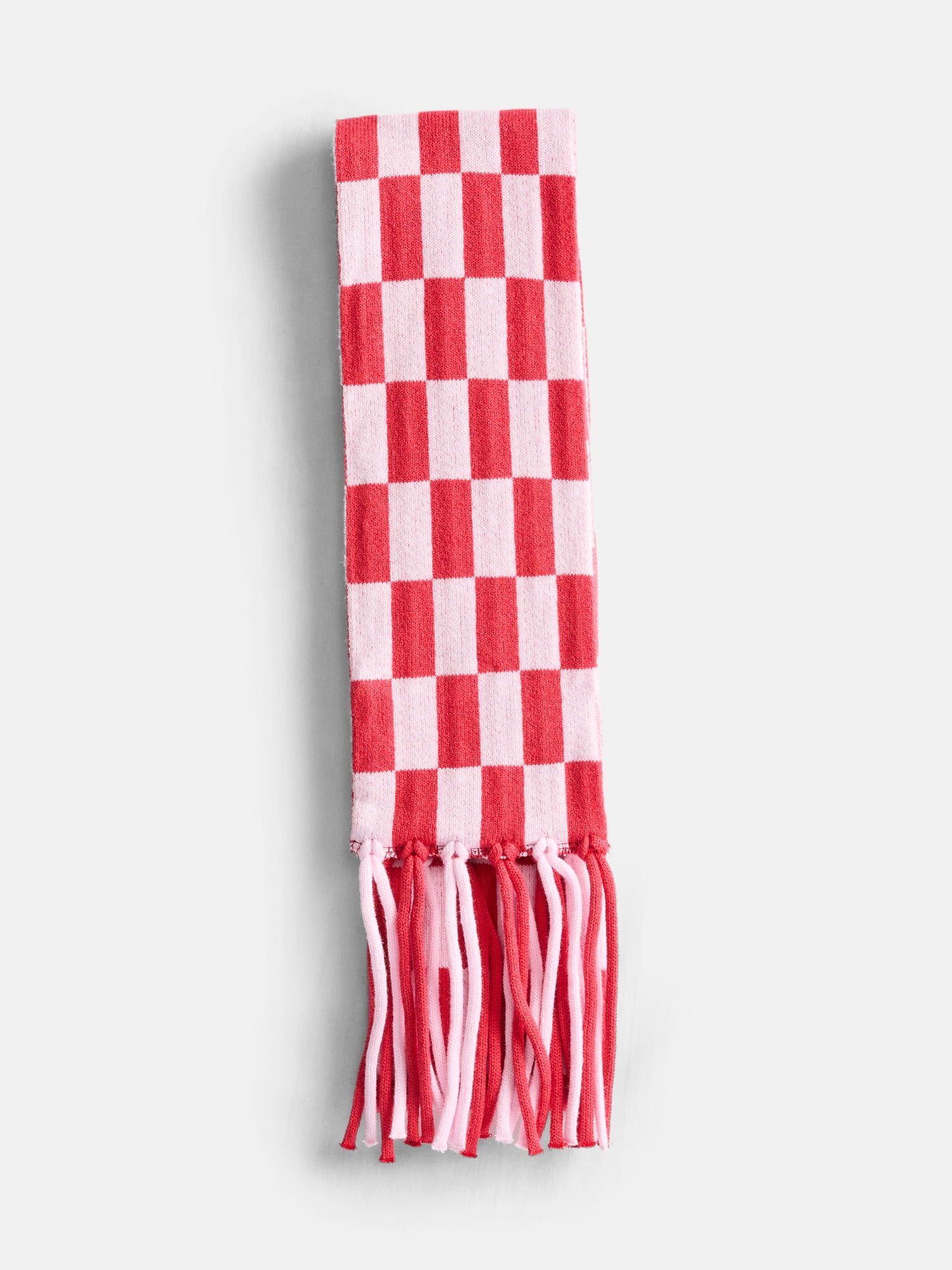 No Boundaries Women's Check Scarf with Fringe, Ruby Light