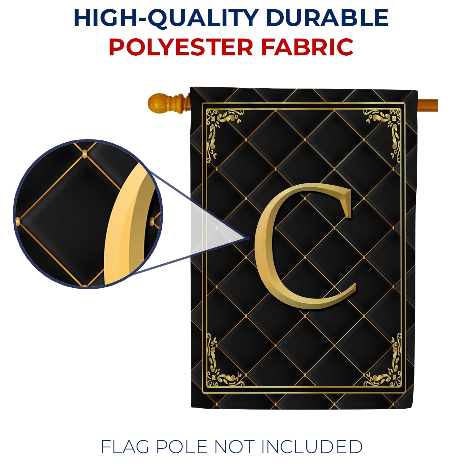 America Forever Monogram C House Flag, 28 x 40 inch Double Sided, Black Gold Quilted Design, Decorative Letter C Flag, Elegant Monogrammed Banner, Personalized Initial Outdoor Decor, Yard Flag