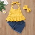 thumbnail image 5 of ASFGIMUJ Summer Solid Color Rainbow Print Hanging Neck Suspender Ripped Denim Shorts Summer Wear Girls Suit Girl Clothes,Size 3 Years-4 Years, 5 of 9
