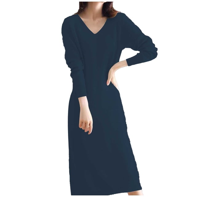 Vestido de punto de lana con cuello en V para mujer - Maxi de manga larga para combinar - Estilo francés - Otoño/invierno - S-XL