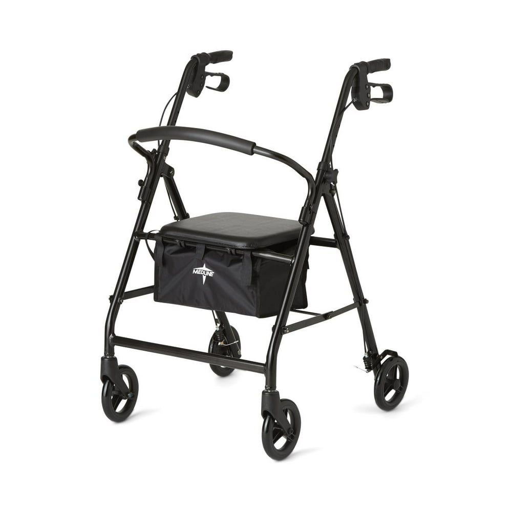 Medline Strong Steel Rollator, Folding Rolling Walker, 6" Wheels, 300lb Weight Capacity, Black