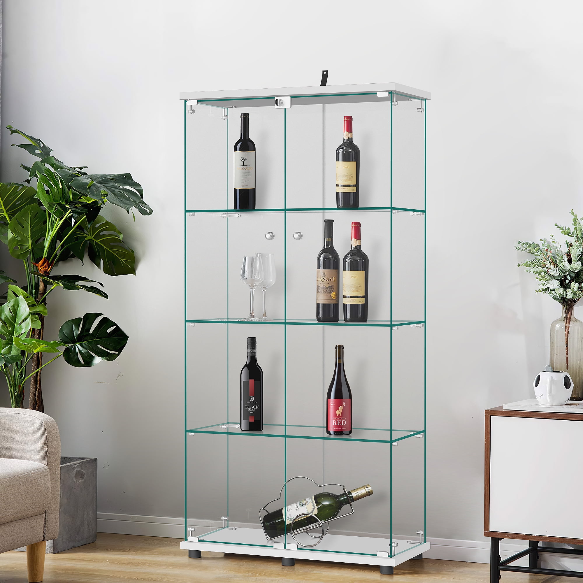 MAYEERTY 4-Tier Glass Display Cabinet with Double Door, Curio Cabinet Collection Showcase, White, 64.5"x32"x14.4"