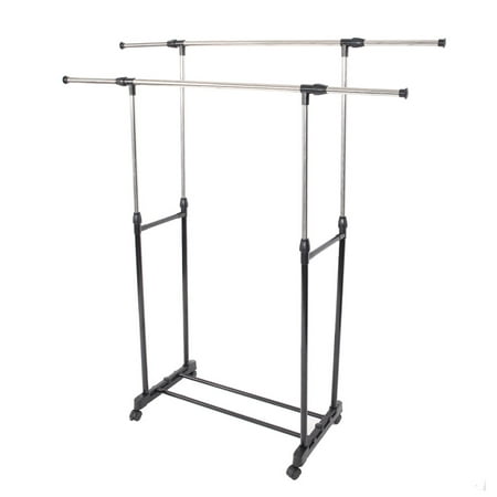- ZeAofa Dual-bar Vertical & Horizontal Stretching Stand Clothes Rack with Shoe Shelf YJ-04 Black & Silver
