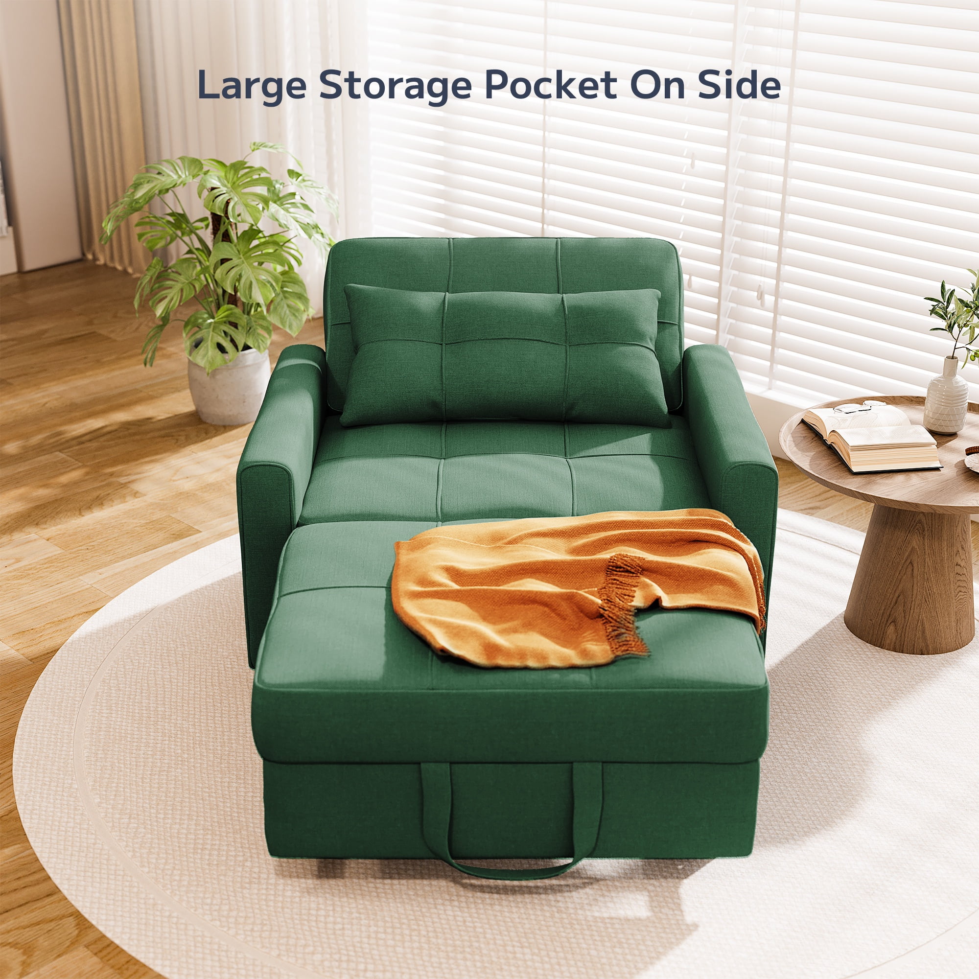 Asofer Sofa Bed Chair, 3 in 1 Convertible Futon Couch, Adjustable Backrest, for Living Room, Office, Green