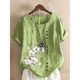 thumbnail image 2 of Camiseta de lino y algodón para mujer, Top elegante y cómodo con una hilera de botones, decoración de empalme, camisetas informales con estampado de flores para mujer 2024, 2 of 4