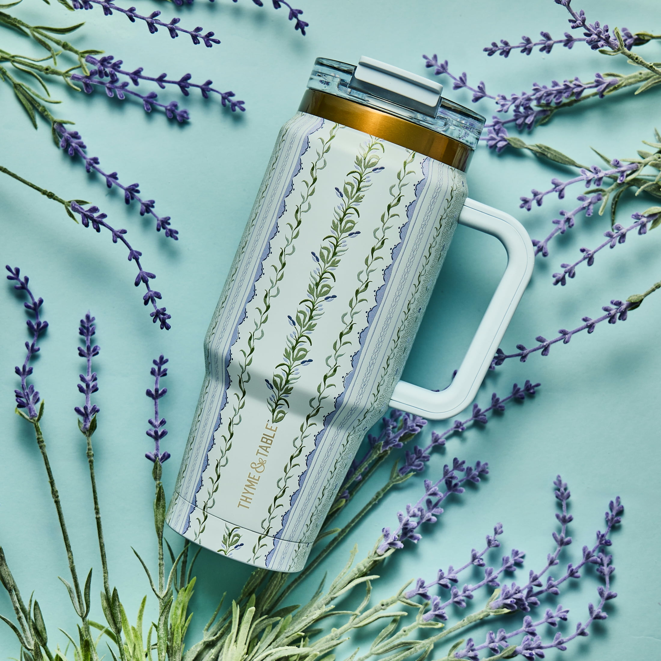 Thyme & Table 32oz Stainless Steel Luna Tumbler with Handle and Dual Straw Lid, Botanical