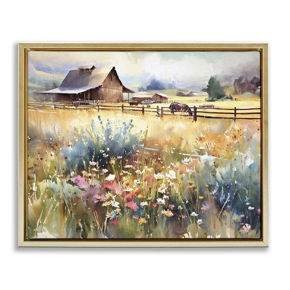 Stupell Industries Farmhouse Horse in Farmhouse Meadow Gold Floating Frame Canvas Art, 21 x 17, by Ramona Murdock