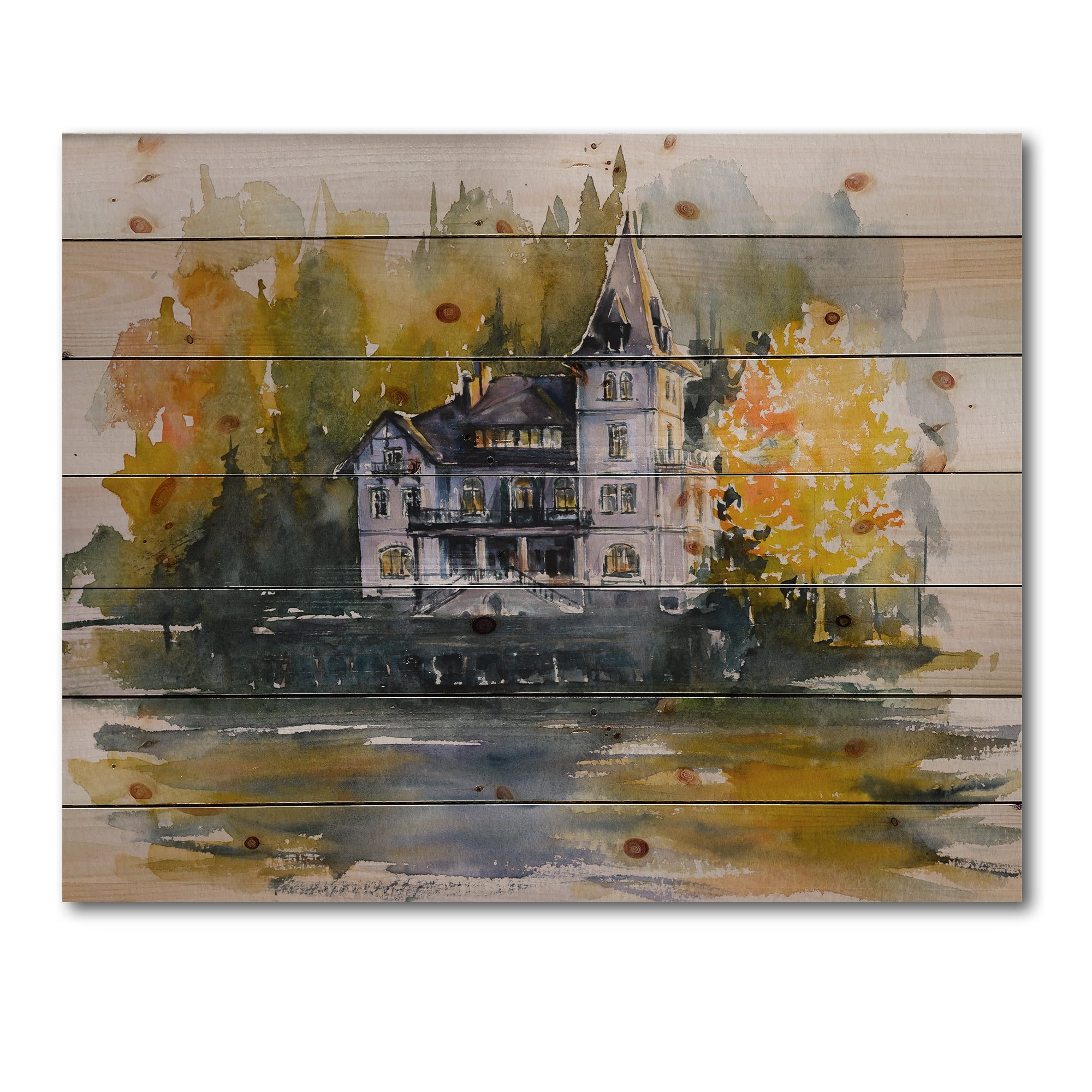 Designart 'Castle With Autumn Trees By The Lake' Lake House Print on Natural Pine Wood