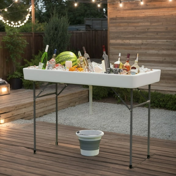 YYAo 4 Foot Ice Cooler Folding Table Portable Ice Bin Table with Large Sink-White