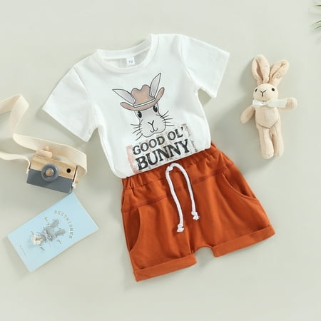 

Lamuusaa 2Pcs Easter Bunny Summer Shorts Set for Baby Boys Short Sleeve T-shirt with Elastic Waist Shorts Outfit