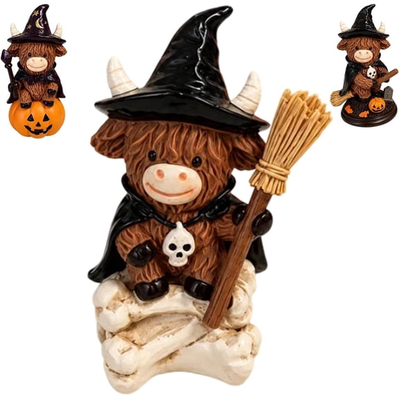 Halloween Highland Cow Figurine with Witch Hat, Resin Statue for Farmhouse Table Shelf Decor
