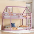 thumbnail image 3 of Hassch House Shaped Floor Bunk Bed, Twin over Twin Size Rubber Wood Bed Frame with Roof, Ladder and Safety Guardrails, No Box Spring Needed, Pink, 3 of 8