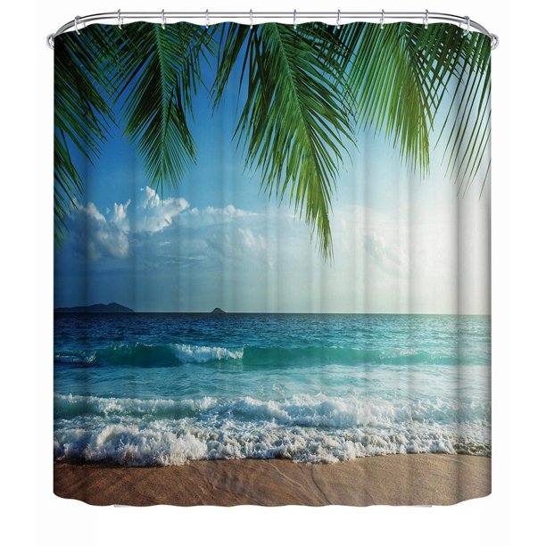 Ocean Beach Shower Curtain Palm Trees Shower Curtain Blue Sky Seaside