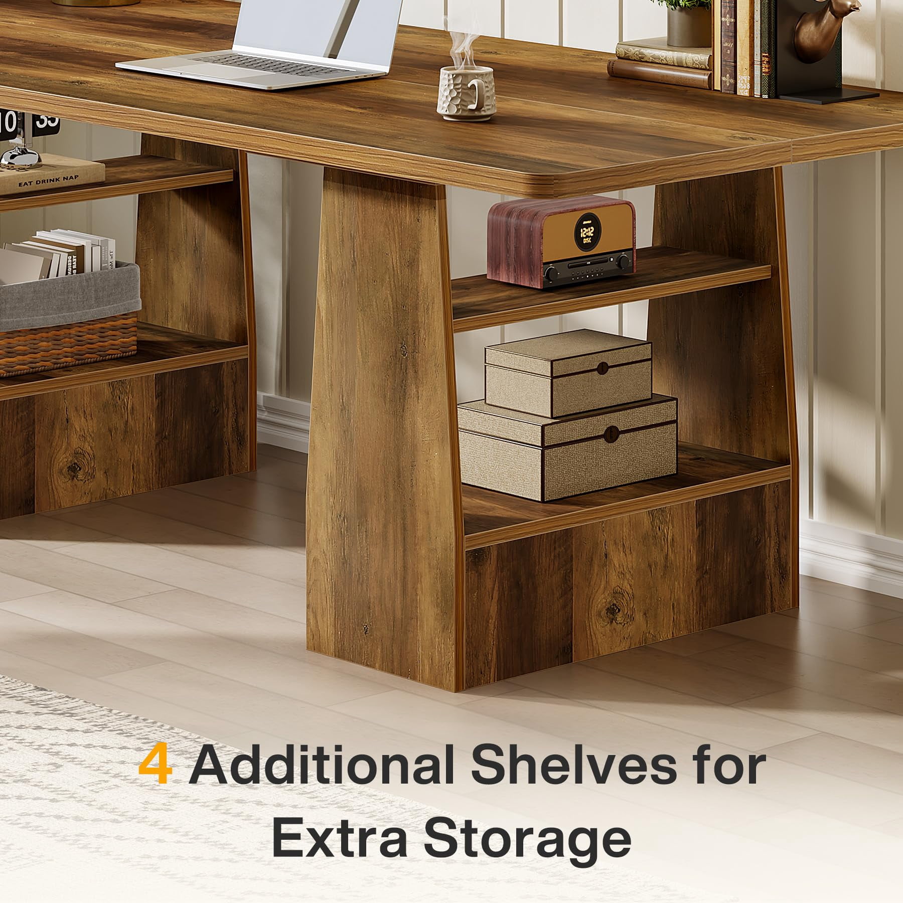 Tribesigns 63 Inch Executive Desk with 5-Tier Shelf, Office Desk with Faux Natural Textured, Large Wooden Computer Writing Table Business Furniture for Home Office