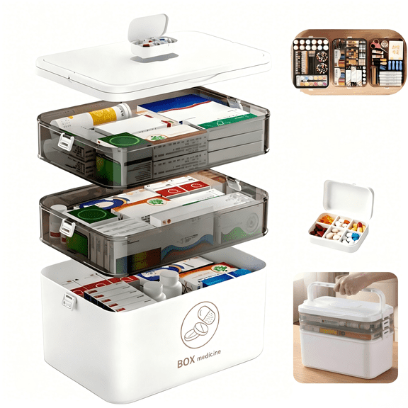 YUOFD 3-Tier Medicine Organizer Box with Pill Case , Portable Pill Case & Multipurpose Storage for Cabinet, Craft , Travel, Dorm Essentials, Empty First Aid Kit for Home