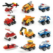 Mini Building Blocks Car Toys Set 12 Packs Assembly Truck Police Mini Cars Gifts for Boys Kids Age 4 