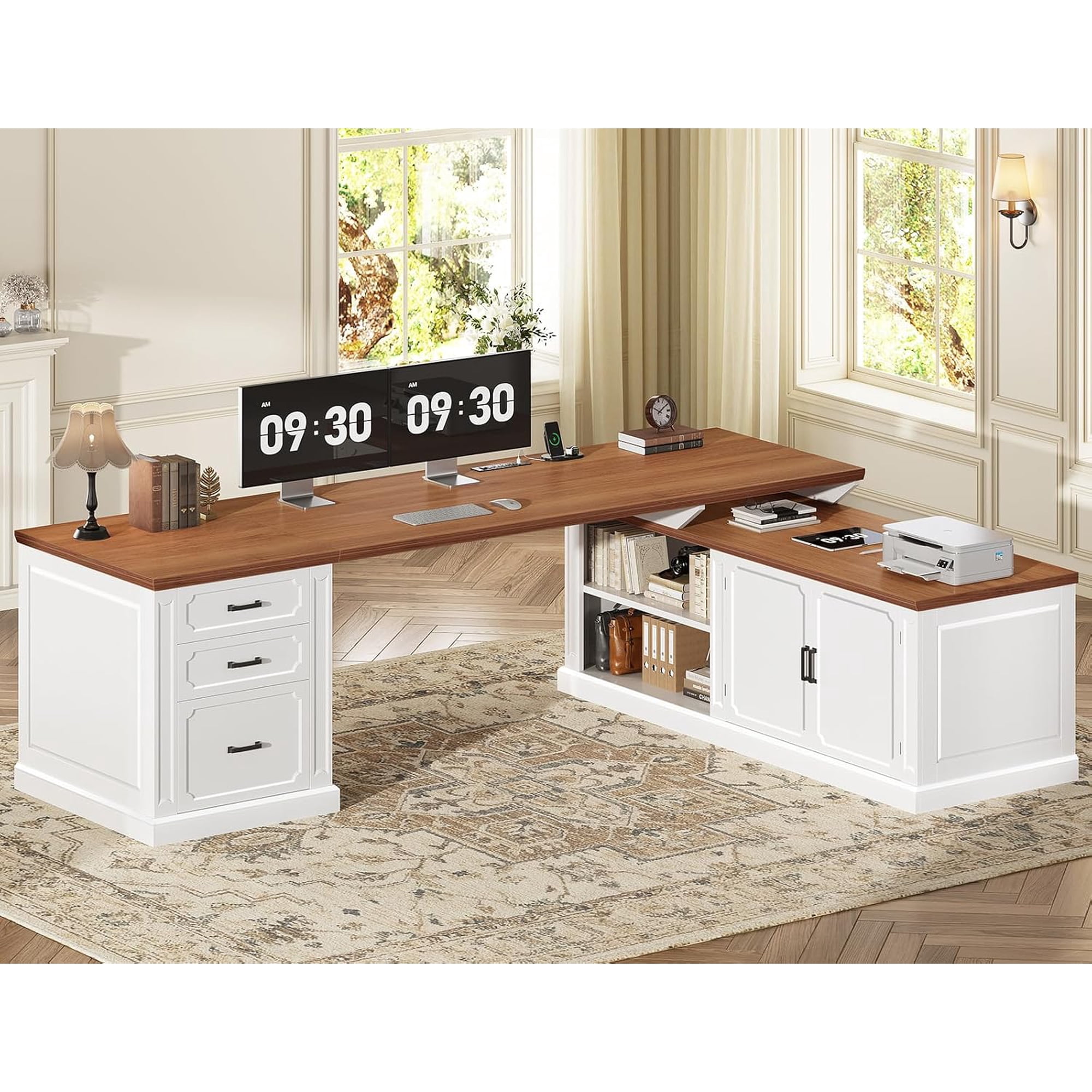 SEDETA Farmhouse L Shaped Desk with Storage, 70.9" Home Office Desk with Storage Cabinet and Storage Shelves, L Shaped Computer Desk with Power Outlet for Bedroom, Office, White & Brown