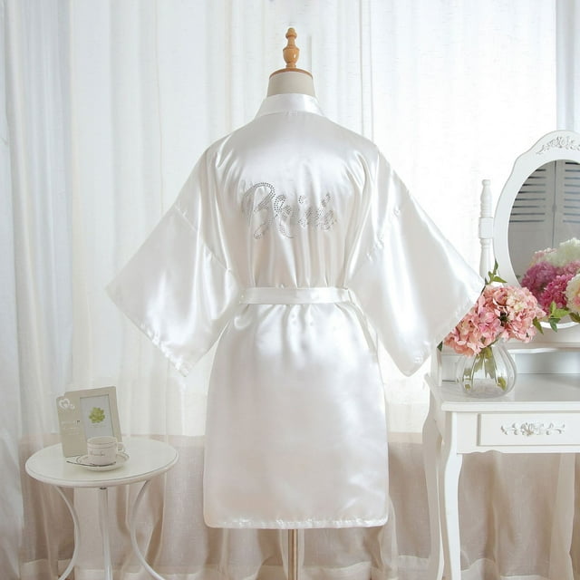 Vestido de novia de color sólido con diamantes de imitación, vestido de maquillaje, camisón de boda, cárdigan de seda sintética para mujer