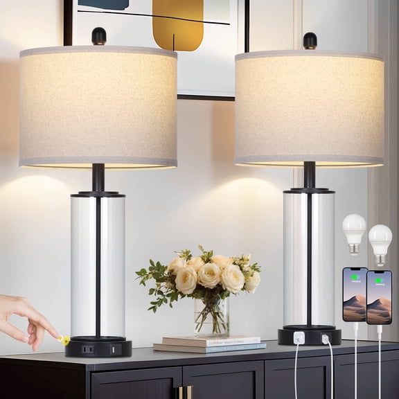 Cinkeda Industrial Black Table Lamps Set of 2 for Living Room Bedroom 26" Tall Modern Clear Glass 3 Way Dimmable Touch Control Bedside Nightstand Lamp with USB C A Ports AC Outlet