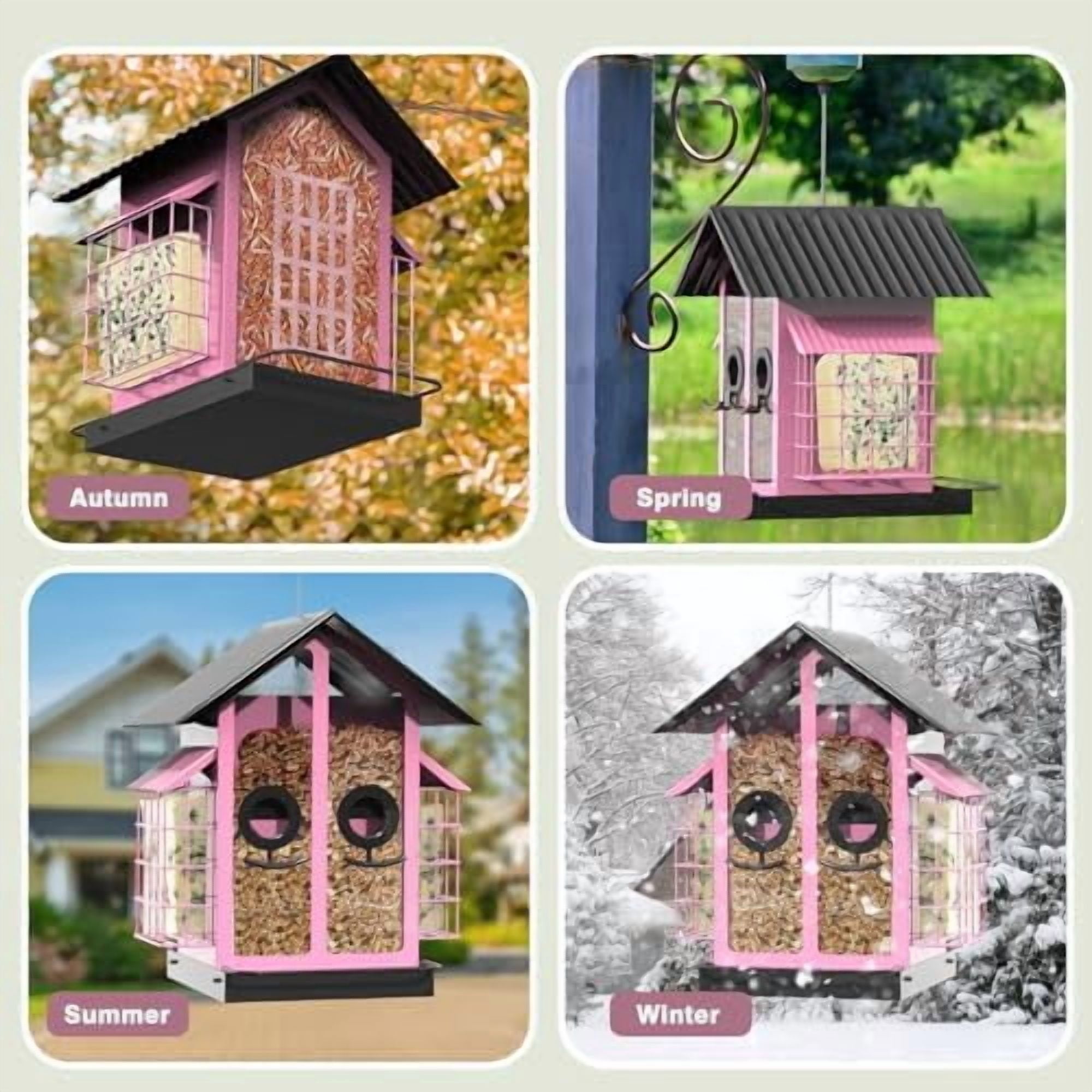 Bird Feeders for Outdoors, Metal Bird Feeder with Double Suet Cage Weatherproof Metal Roof, 2 in 1 Mixed Seeds Suet Feeder, 4Lbs Large Capacity, Great for Finch、Cardinal、Chickadee（Pink）