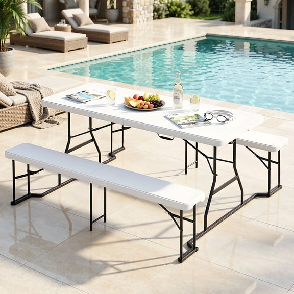 Uforic 6 Ft Folding Picnic Table with Attached Benches, Portable Heavy Duty Outdoor Table with Center Lock & Non-Slip Feet, White