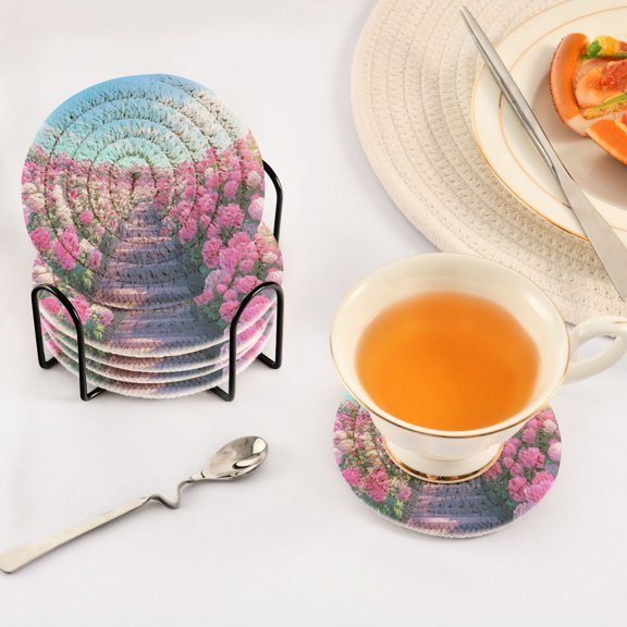 BZSMCE 6Pcs Drink Coasters With Holder 3.94Inch Blooming Pink Rose Garden Creative Coil Coaster Coasters Colors Absorbent Coasters for Drinks Coasters Set Thicken Heat for Home Table