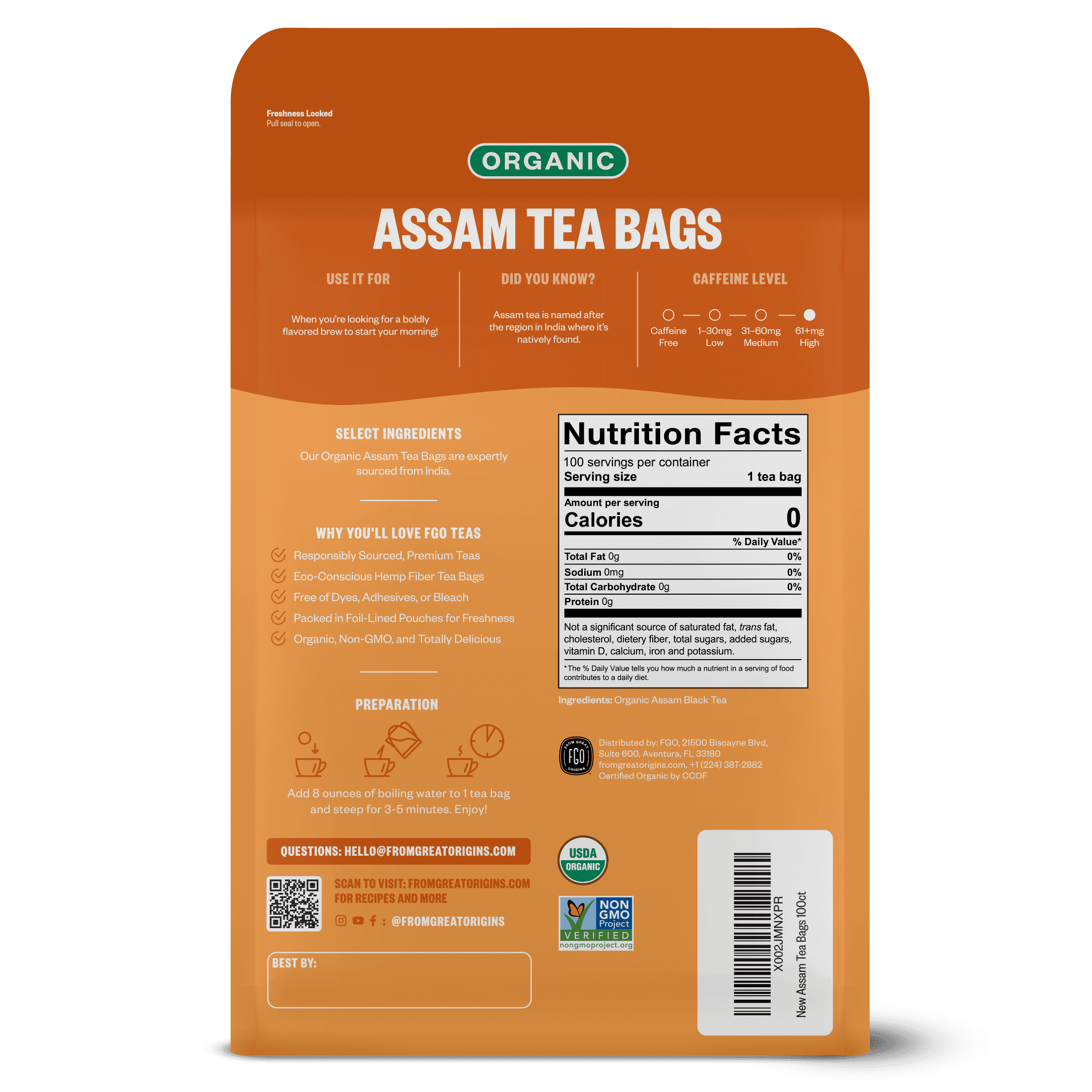 FGO Assam Tea, Organic, Eco-Conscious Tea Bags (100 Count)