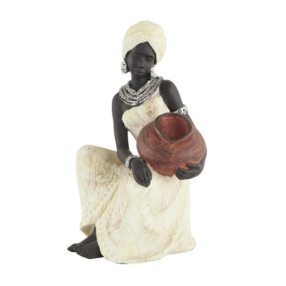 6" x 10" Cream Polystone Sitting African Woman Sculpture with Red Water Pot, by DecMode