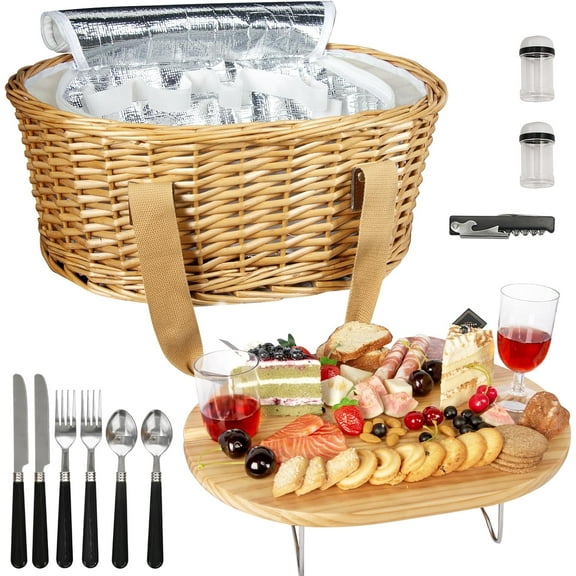 Wicker Picnic Basket Set for 2 with Mini Folding Wine Picnic Table & Large Insulated Cooler Bag & Cutlery Service Kits for 2 Person, Couples Gifts, Wedding Gifts