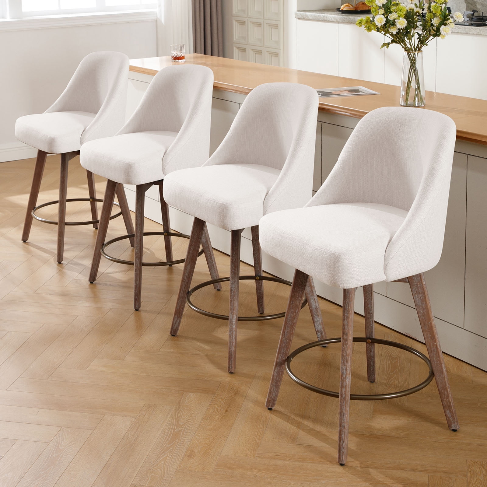 ANMINY Counter Height Bar Stools Upholstered Linen Fabric Swivel Barstools, Set of 4, 26" Seat Height with Back Mid-Century Chairs Island Stools for Home Bar Kitchen Pub