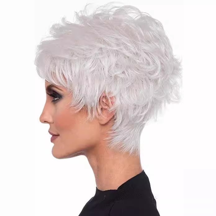 Women's silver-white short hair wig - oblique bangs reversed design, fashionable and natural