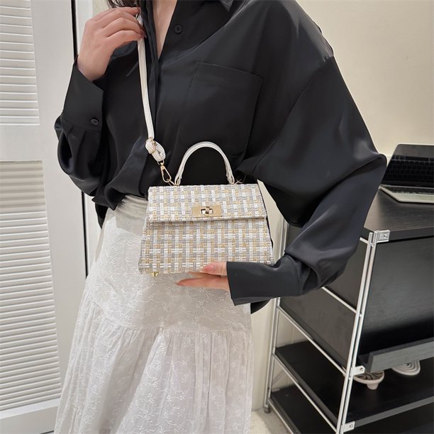 Bolso clásico a cuadros para mujer, Bolso de hombro de lana, Bolso cuadrado, Bolso de mano (blanco)