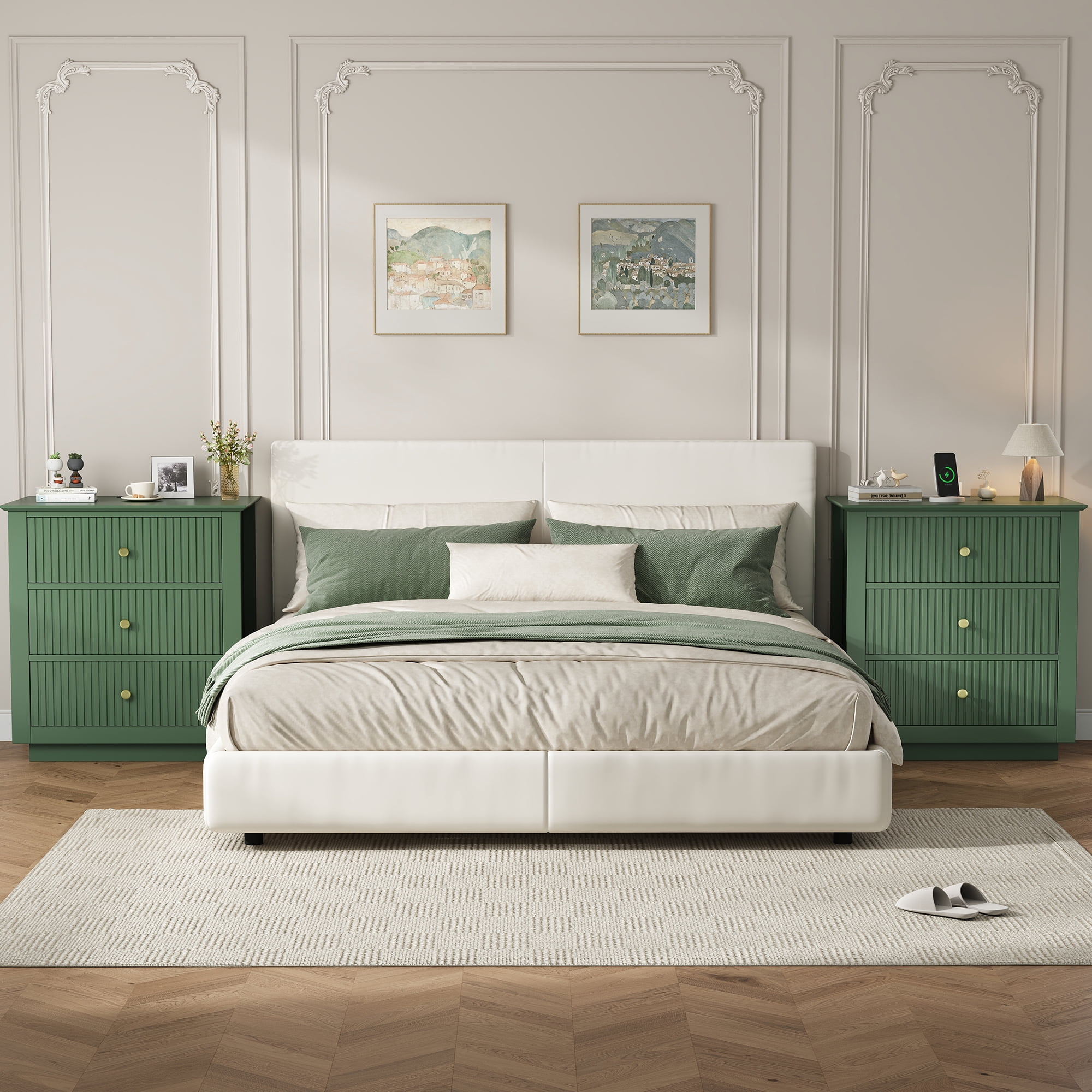 IDEALSOUL Nightstand Set of 2, 24" Wide End Table with Storage, Fluted Nightstand with USB Charging Station, Large 3 Drawers nightstand for Bedroom Living Room(2pc, Green)