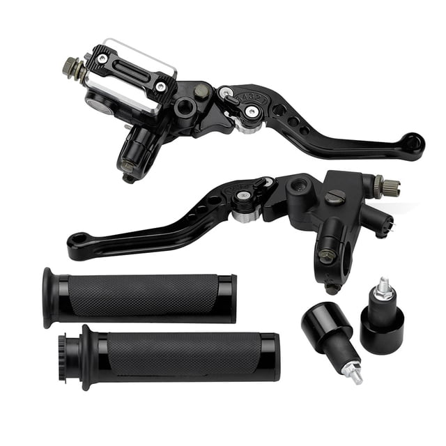 manillares de bicicleta palanca de embrague del cilindro maestro del freno del manillar de la motocicleta de 7/8 '' 22 mm juego izquierdo y derecho ajuste universal para scooters bicicleta deportiva Par de palancas negras de aleación de aluminio anodizado con cilindros maestros y depósitos, tornillería de montaje, empuñaduras texturadas negras para manillar de 22 mm y dos contrapesos; vista frontal sobre fondo blanco, a menudo usado para reemplazo o modificación DIY según especificaciones del producto.