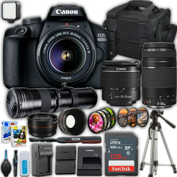 Canon EOS 4000D DSLR Camera With Canon EF-S 18-55mm F/3.5-5.6 DC III Zoom Lens & Canon EF 75-300mm f/4-5.6 III Lens 420-800mm Super Telephoto Lens SanDisk 128 GB Memory Card Camera Case More