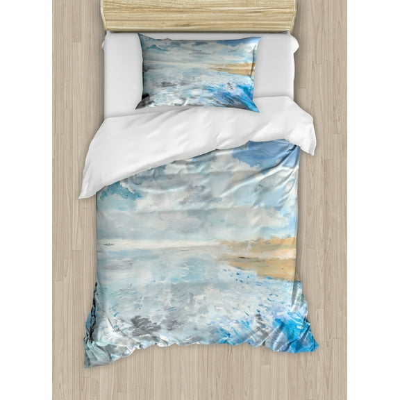Cloud Twin Size Duvet Cover Set, Oil Painting Style Illustration of a Man on the Beach in a Cloudy Day, Decorative 2 Piece Bedding Set with 1 Pillow Sham, Sand Brown Blue and White, by Ambesonne