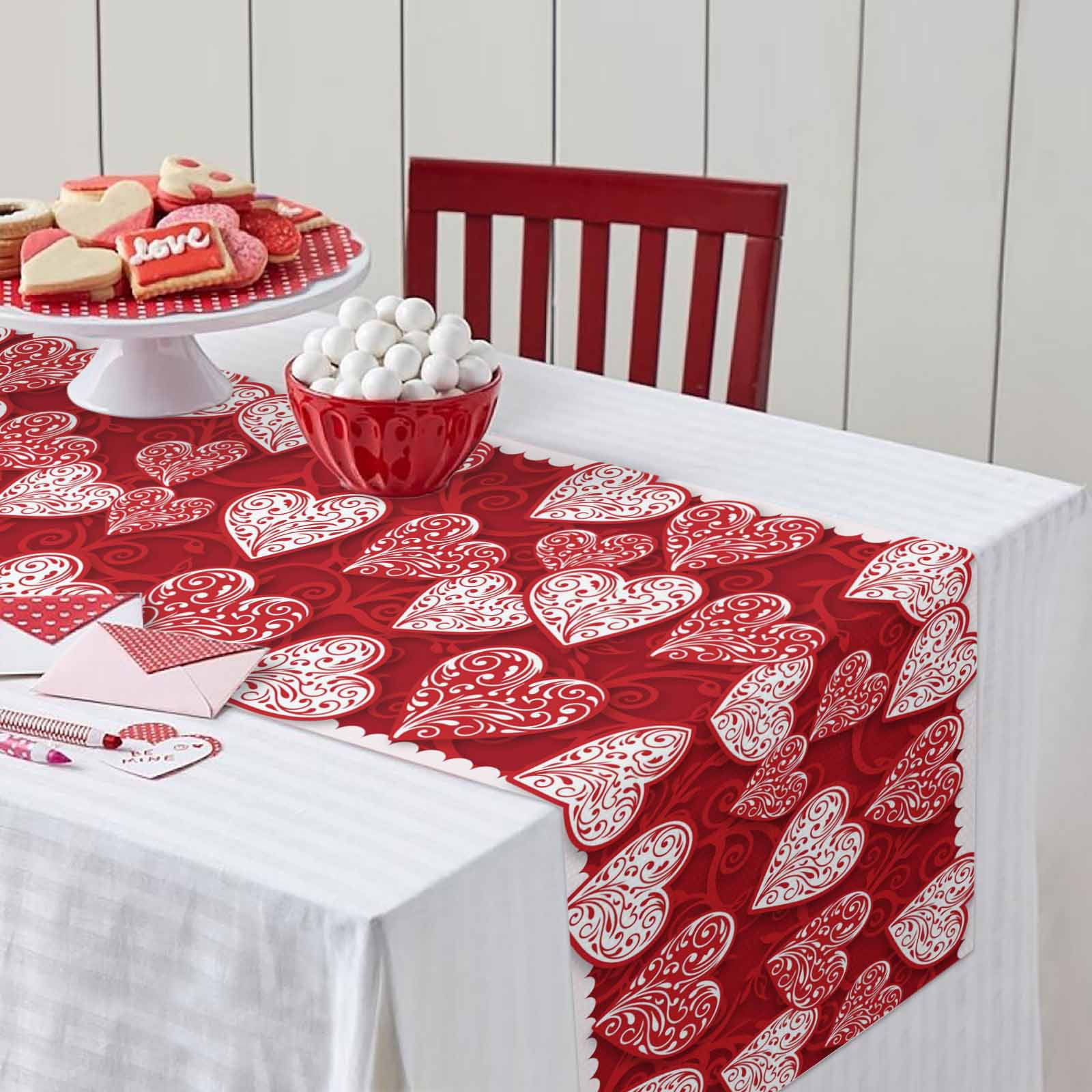 Valentine's Day Table Runner, Abstract Romantic Red White Floral Love Heart Red Washable Cotton-linen Table Runners Dining Kitchen Decoration for Everyday Home Wedding Party Decor, 13 x 120 Inch