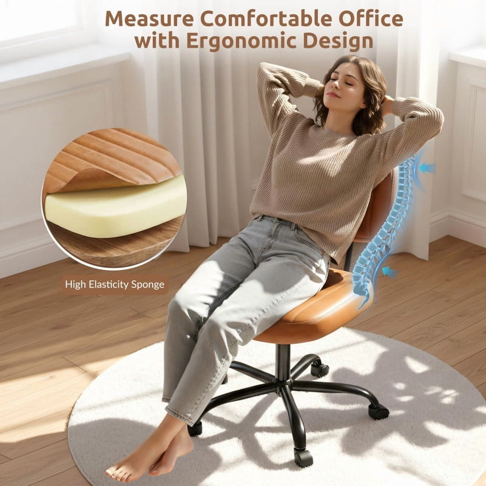 Kelno Armless Desk Chair Height Adjustable Swivel Rolling PU Leather Task Chair with Lumbar Support, Brown