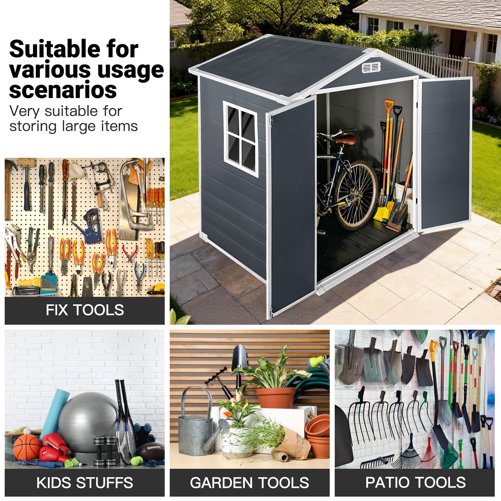Mintazer 6×4ft Outdoor Storage Shed with Floor, Large Garden Tool Storage Building with 2 Lockable Door & Window, Weatherproof Bike Shed for Backyard Lawn Patio, Cold Gray