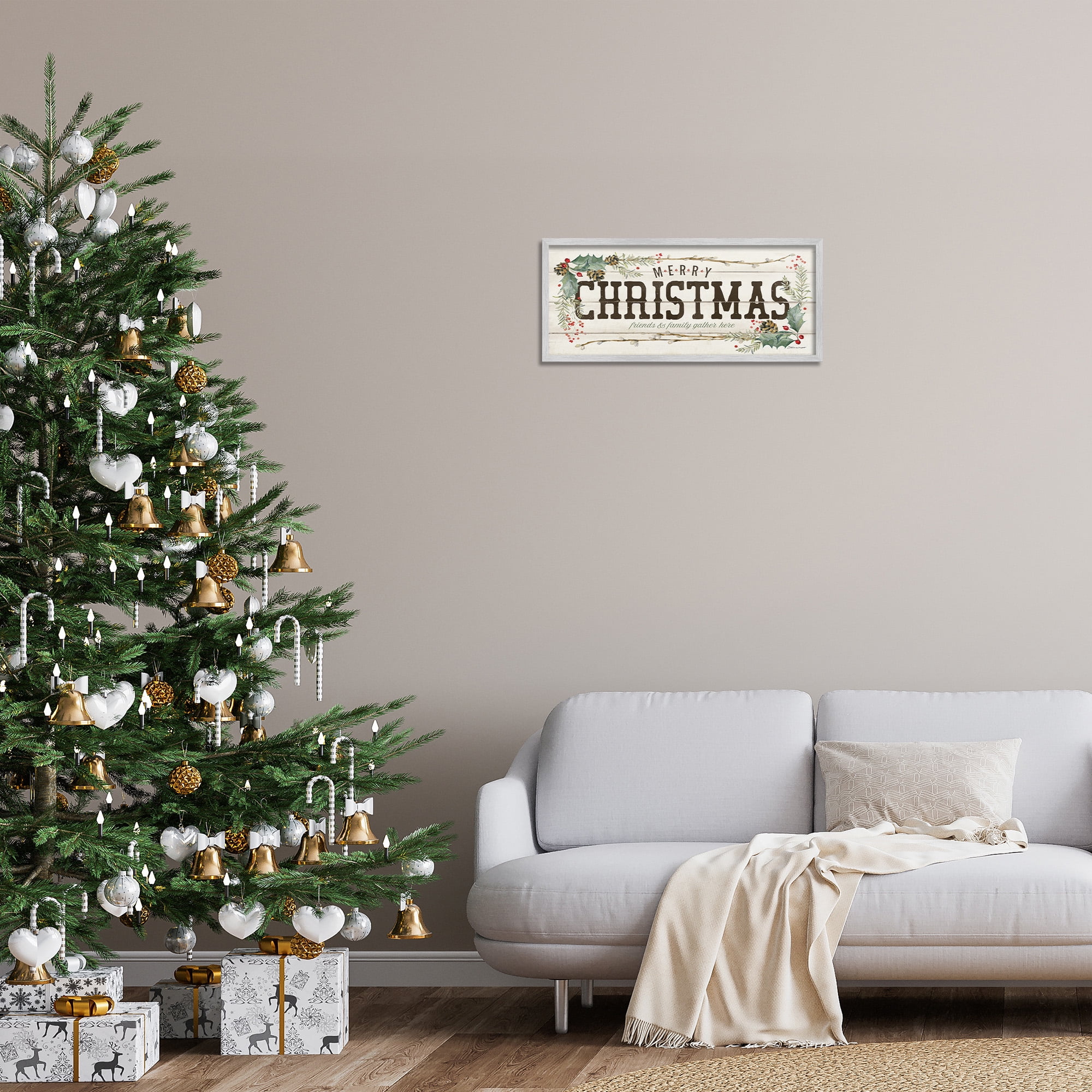 Stupell Industries Merry Christmas Friends & Family Holiday Painting Gray Framed Art Print Wall Art, 24 x 10