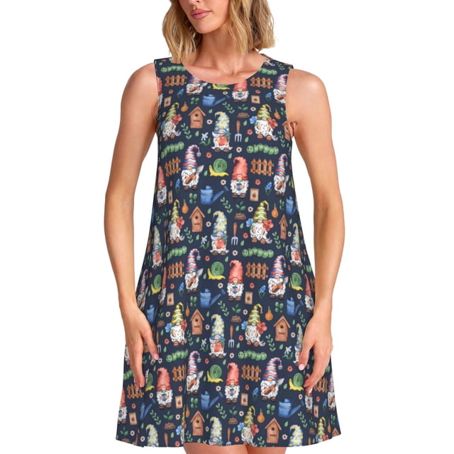 Disketp Garden Gnomes para Vestido sin Mangas para Mujeres, Vestidos de Verano para Mujeres, Casual y Holgado para la Playa