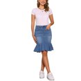 thumbnail image 2 of Falda de mezclilla ajustada con volantes en la parte inferior, hasta la rodilla, para mujer, talla XL, color azul claro, 2 of 6