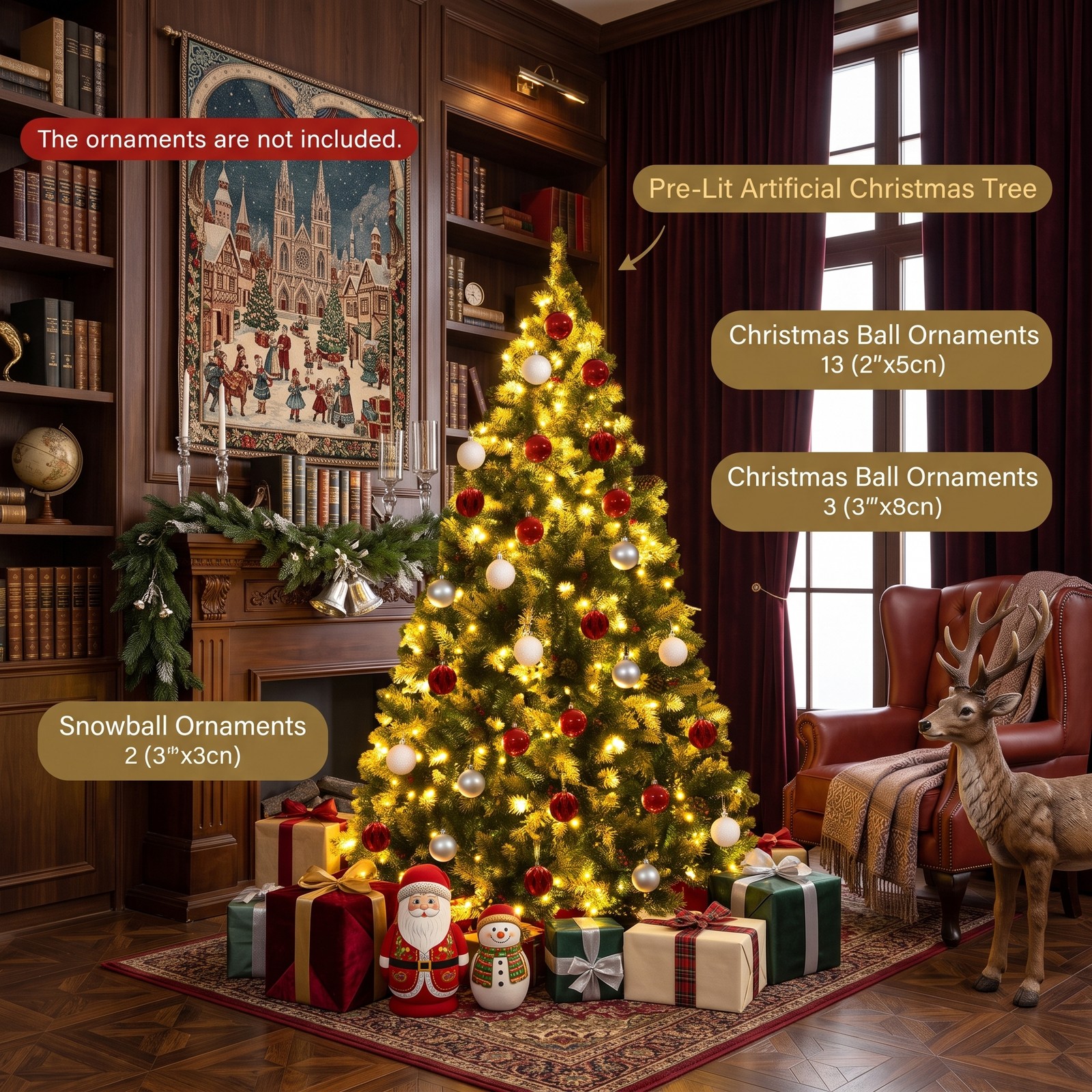 RUIE 6 ft Pre-Lit Snow Flocked Artificial Christmas Tree with Red Berries, Pinecones and 250 Warm White LED Lights, Hinged Full Xmas Tree with Metal Stand for, Green