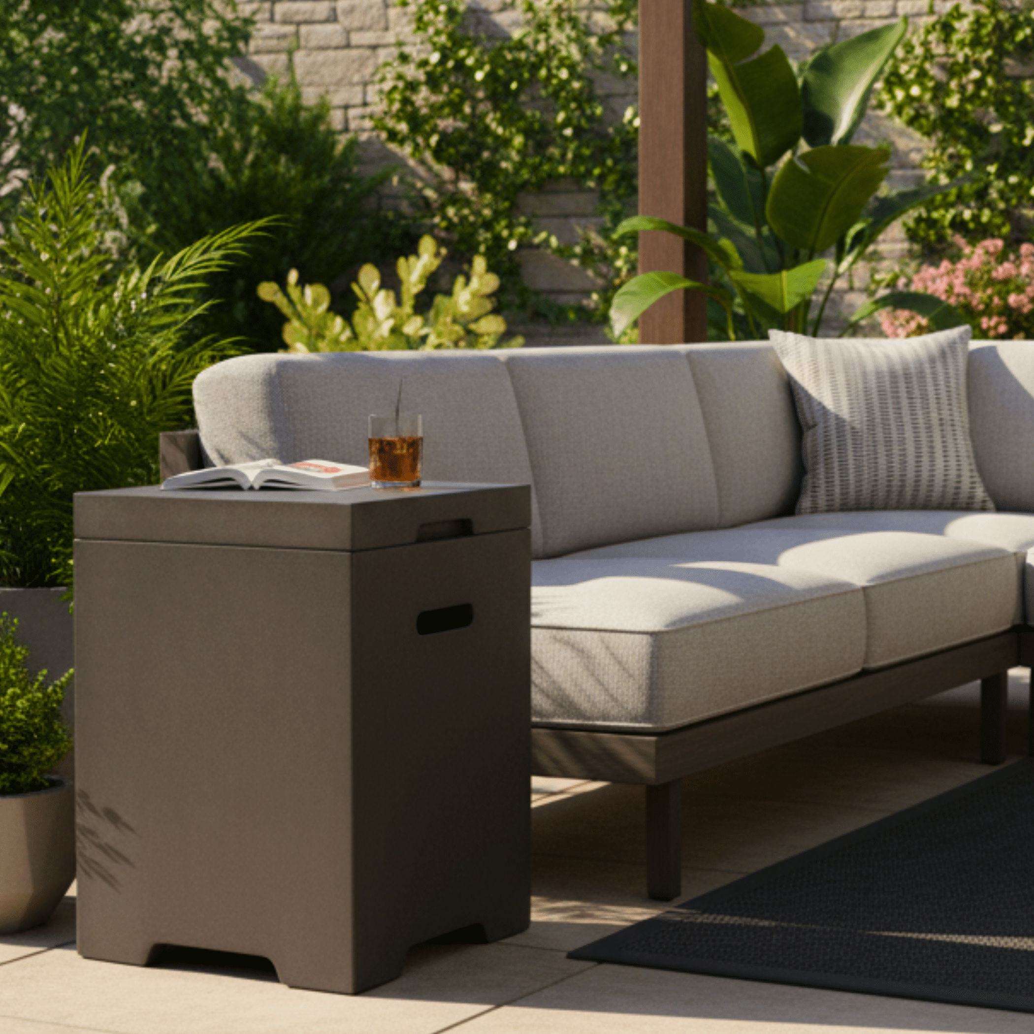 Propane Tank Cover Table, Outdoor Cylinder Hideaway Table for Gas Fire Pit and Gas Griddle, Outdoor Side Table for Fire Pit, Light Concrete, Dark Grey